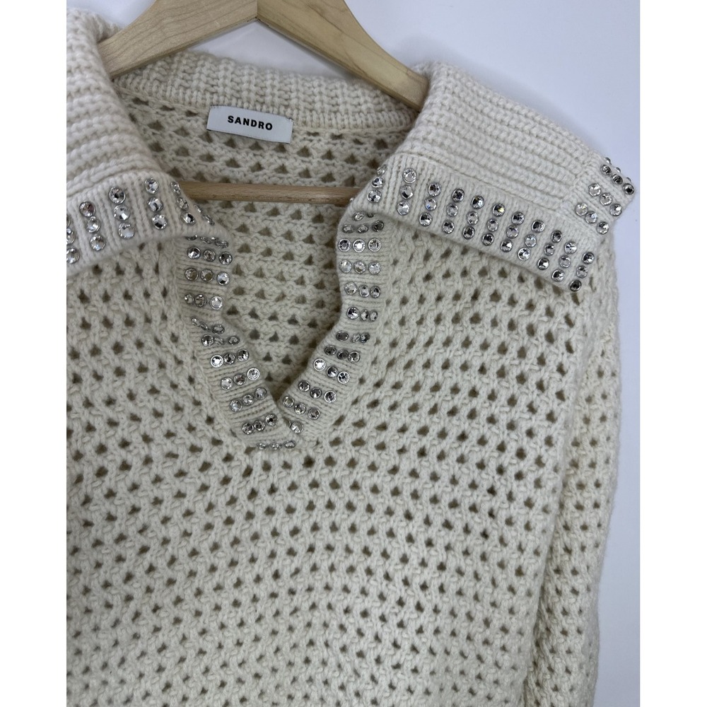 SANDRO Ursule Open Knit Sweater Chunky Pullover Rhinestone Wool Size 2 US M 6 - Picture 8 of 16